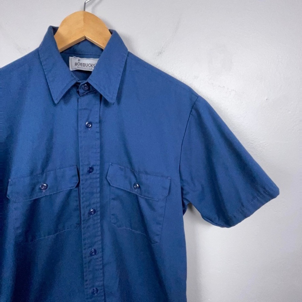 Vtg Roebucks Shirt Men M Blue Short Sleeve Workwear Button Up Perma-Prest USA